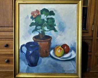 Colorful Antique Signed Floral Still Life Geranium Flower Terracotta Pot Fruit Cobalt Blue Jug Oil Painting Rustic Cottage Farmhouse