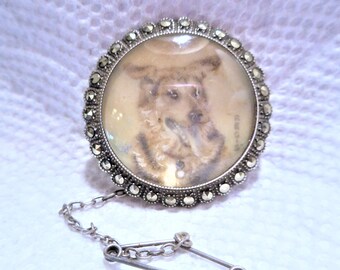 Antique Victorian Marcasite Sterling Dog Brooch Shepherd Sepia Portrait Essex Miniature Hand Painted English Pin