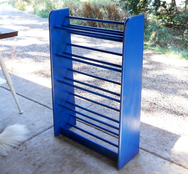 Mid Century Oak Wood Shoe Display Rack Organizer Danish Modern Decor Painted Cobalt Blue Art Deco Vintage 1970s Eames Industrial Farmhouse