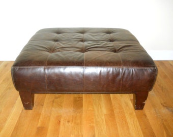 Espresso Brown Tufted Leather Large Ottoman Pottery Barn 1990s Sullivan Mid Century Modern Library Gentlemans Lounge Club Pub Chair Seating