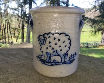 Rowe Pottery Works Rare Sheep Cobalt Blue Gray Salt Glaze Storage Jar Jardiniere Gift