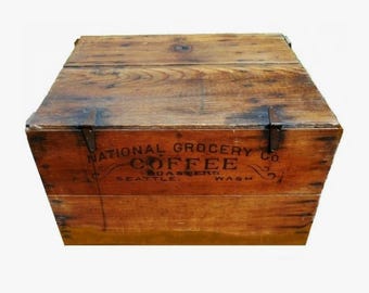 Rare Giant Antique Advertising Seattle 100lb COFFEE Shipping Crate Huge Wood Box Storage Trunk Country General Store Western Americana