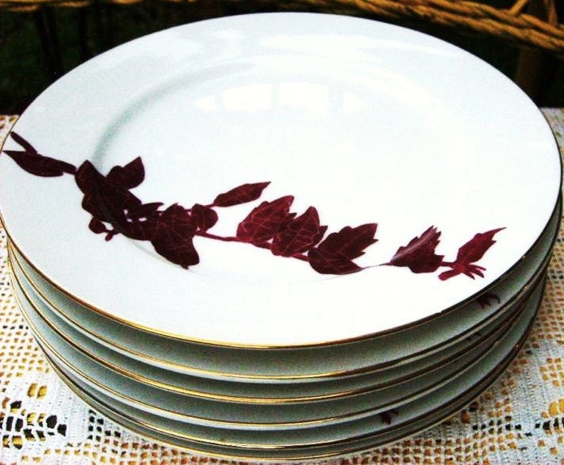 Mid Century Danish Modern Art Deco Bamboo Japanese Porcelain Lunch Wedding Dessert Plates Set of 6 Handpainted Burgundy Red Gold White image 4