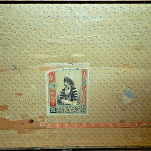 May include: A vintage suitcase with a faded floral pattern and a small, rectangular label featuring a woman in a hat. The label has a blue and red border and a floral design.