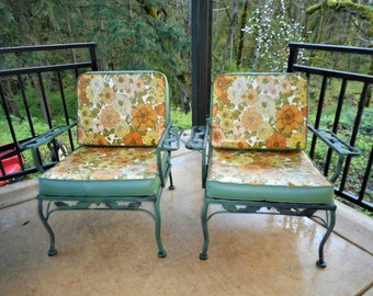 Mid Century Woodard Floral Cushion Iron Cafe Iron Bistro Patio Arm Chair Pair Vintage Botanical Metal Garden Terrace Entertaining