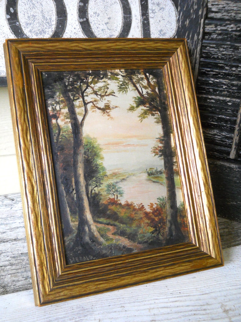 Antique Small Victorian 1800s Scottish HERALD Impressionistic Oil Painting Landscape Listed Signed Forest Trees River View Vintage Scotland image 4