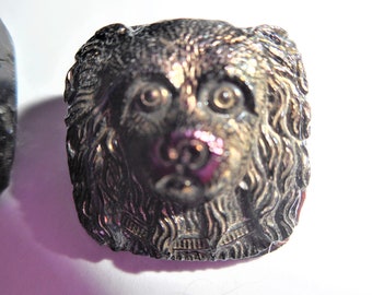 Antique Victorian Rare Black Amethyst Carnival Glass Dog Button Pair Cavalier Spaniel Papillon French Country Farmhouse Sewing