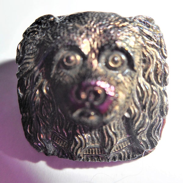 Antique Victorian Rare Black Amethyst Carnival Glass Dog Button Pair Cavalier Spaniel Papillon French Country Farmhouse Sewing