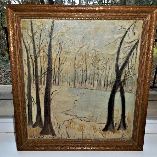 Antique 1910s Impressionist Winter Snow Landscape Painting Victorian Arts & Crafts River Trees