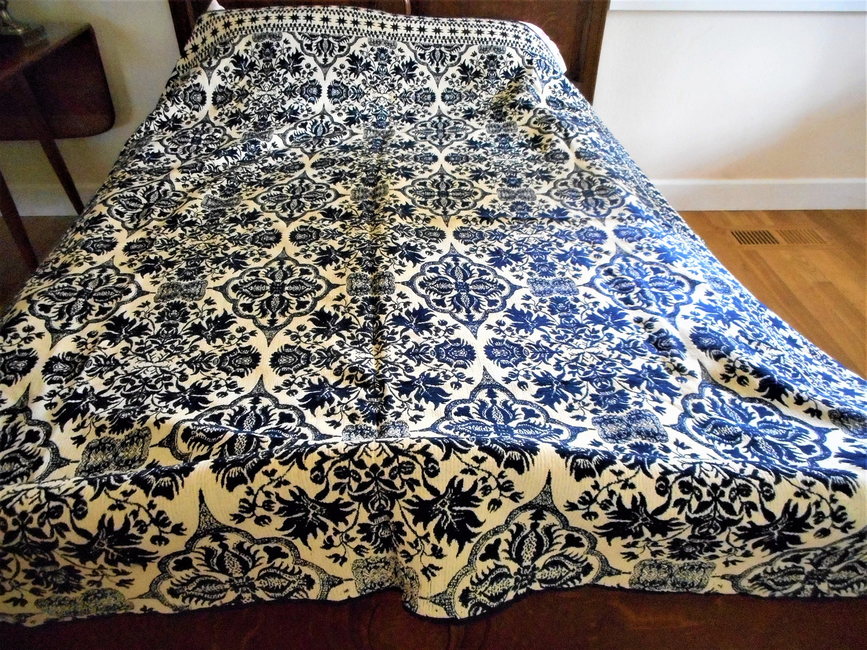 Exquisite Dated 1854 Antique 19th Century Jacquard Blue Cream