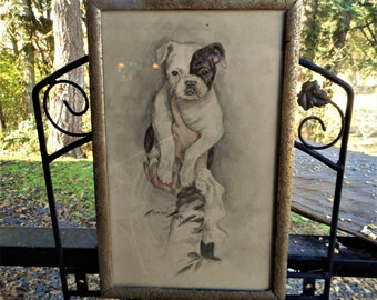 Antique Small Victorian Watercolor Beautiful Boston Terrier Puppy Dog Portrait Painting Rustic English French Farmhouse
