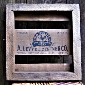 Antique Red Rooster California Wood Crate End  Primitive Rustic Advertising Sign