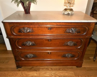 Antique Victorian Carved Black Walnut Dresser Bureau Marble Top Buffet Cabinet