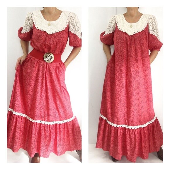 Red Calico Cotton Cottagecore Long Gunne Sax Dress Peasant Prairie ...