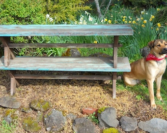 Antique Sawbuck Bench Pair: 1920s Craftsman Fir, Early Turquoise Paint
