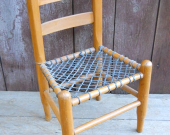 Vintage Farmhouse Child's Ladderback Youth Baby Chair Cottage Bark Cloth Cushion