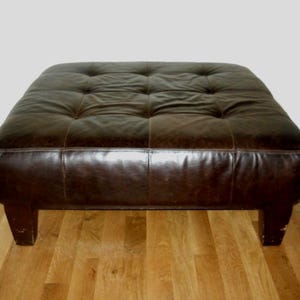 Espresso Brown Tufted Leather Large Ottoman Pottery Barn 1990s Sullivan Mid Century Modern Library Gentlemans Lounge Club Pub Chair Seating