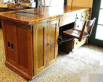 Rare Antique Industrial E. H. Sheldon Oak Desk Scientific Chemistry Winery Industrial Bar Table Laboratory Union Made Workbench Swivel Seat