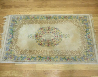 As-Is Pande Cameron Wool Hand Hooked Woven Pastel Floral Chindia India Rug Cottage French Farmhouse Floor - Needs Cleaning & Fringe Repair