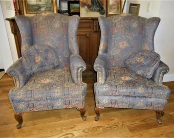 Antique 1910s Wingback Chair Pair Bergere Carved Lavender Silk Upholstered French Country Cottage Victorian Seating