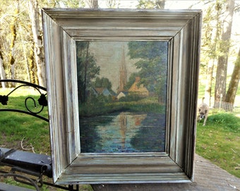 Small European Antique French 1920s Church Steeple Reflection Lily Pond Impressionist Village Landscape Religious Oil Painting