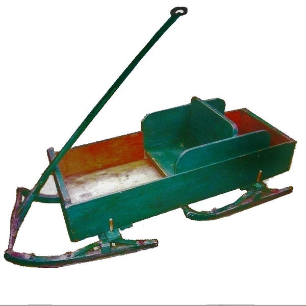 RARE 1920s Bob Sled Childs Antique Primitive Green Pull Toy Sleigh Pine Iron Mercantile Paris Toy Mfg Wagon Porch Flower Box Garden Display