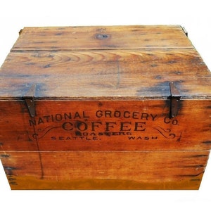 Rare Giant Antique Advertising Seattle 100lb COFFEE Shipping Crate Huge Wood Box Storage Trunk Country General Store Western Americana image 1