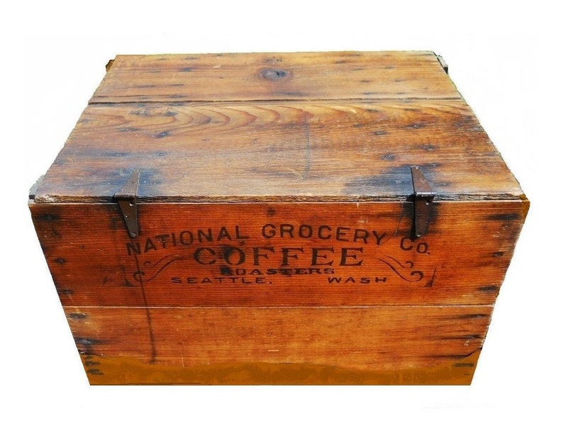 Rare Giant Antique Advertising Seattle 100lb COFFEE Shipping Crate Huge Wood Box Storage Trunk Country General Store Western Americana image 1