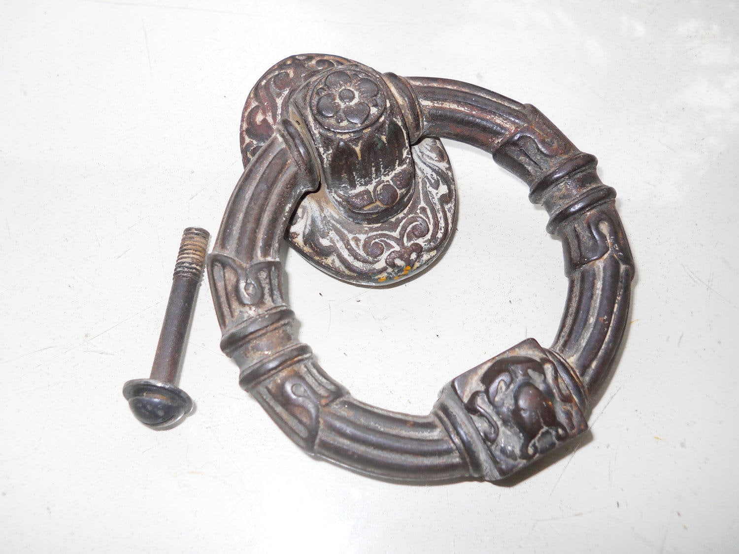 Antique French Country Dog Doorknocker Vintage 1880S Rare Newfoundland Saint Bernard English Iron Bronze Rustic Victorian Door