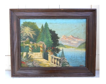 Antique 1930s Italy Impressionist Mountain Lake Landscape Painting Listed Giuseppe Leoni Signed Victorian Plein Air Oil on Canvas Painting