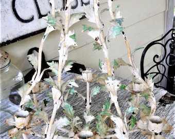 White & Green Botanical Italian Toleware Tealight Candle Holder Fixture Candelabra Chandelier 1920s-60s