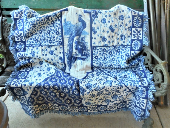 Exquisite Goodwin Weavers High Plume Crest Bird Blue White Cotton Woven Stadium Blanket Throw Etsy Canada