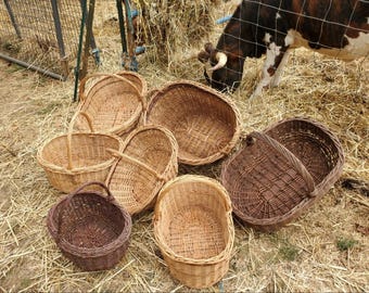 Wicker Willow Basket Lot of 7, Extra Large 2 Color Laundry to Medium Primitive Harvest Tote Farmhouse Collection
