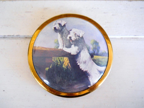Mid Century Rare White Sealyham Terrier Dog Landscape English Stratton Compact Mirror Case Antique Coton de Tulear or Terrier Victorian Dog