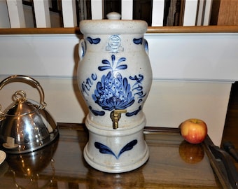 Rowe Pottery Works Rare Pineapple Water Cooler Dispensary Cobalt Blue Gray Salt Glaze Jardiniere Rustic Studio Art Pottery Country Farmhouse