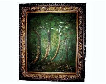 Antique Rustic Woods Forest Creek Tree Oil Painting Tree Nature Landscape Impressionist Tonalism Signed on Verso George Carls__