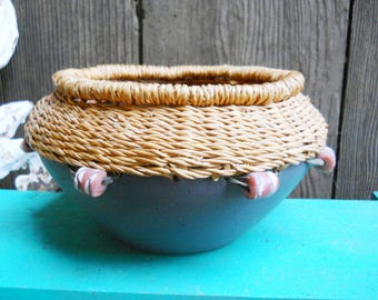 Rustic Primitive Pottery Ethnic African Tribal Ghana Pottery Pine Needle Basket Black Hand Coiled Terracotta Redware Clay Unusual Bowl Jar