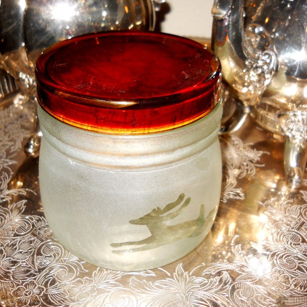 French Country 1920s Acid Etched Deer Frosted Glass Humidor Tobacco Jar / Hollywood Regency English Cottage Storage Jar Keepsake Container