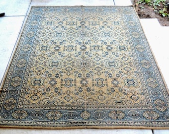Antique 19th Century 9 x 6 Distressed Wool Rug, Indigo Blue Rose Taupe, Village Loomed Floor Cover