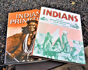 Two Indian Americana Book Historical Reference Indian Primitive & Indians Antiquarian French Farmhouse Color Bird Plate Library Decor