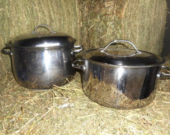 Cuisinart and Belgique Two Stainless Stock Sauce Pots Mid Century Restaurant Chefs Kitchen Cookware French Farmhouse Cottage