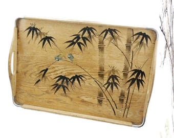 Vintage 1940's Asian Aesthetic Bamboo Wood Serving Tray with Painted Gilded Birds Mid Century Danish Modern Hollywood Regency Art Deco Table