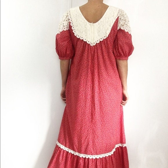Red Calico Cotton Cottagecore Long Gunne Sax Dress Peasant Prairie ...