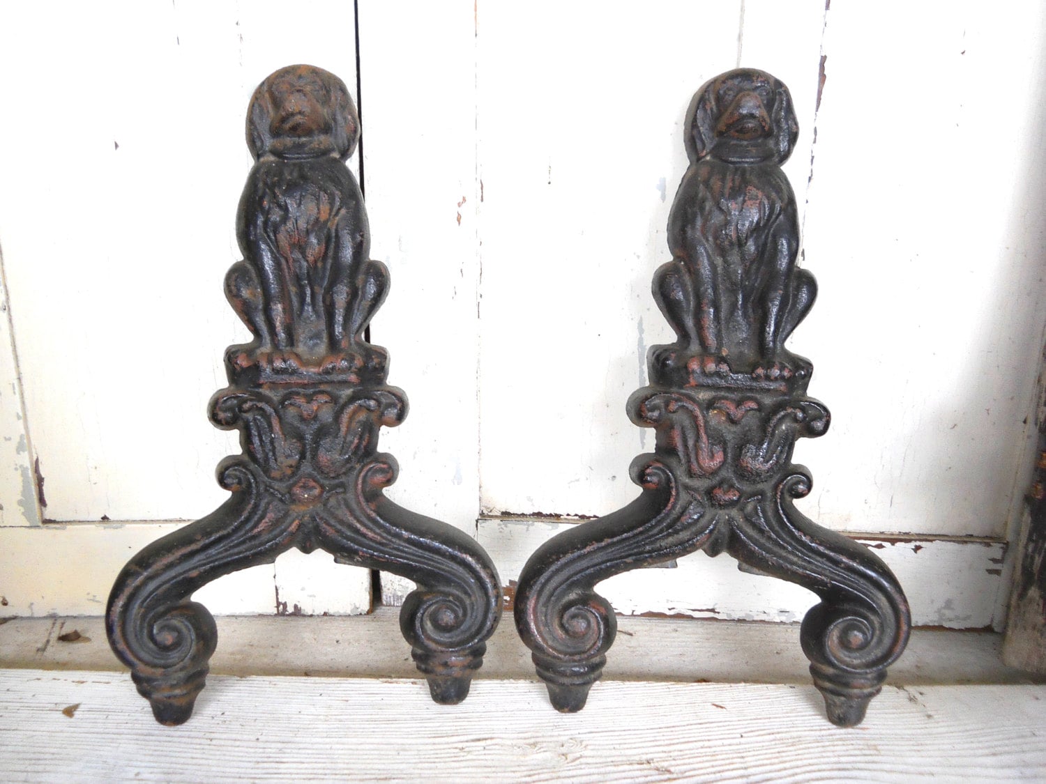 Antique Rustic Fire Dog Fireplace Andirons Industrial Blacksmith Saint Bernard Iron Spaniel Folk Art Sculpture Vintage Farmhouse Salvage