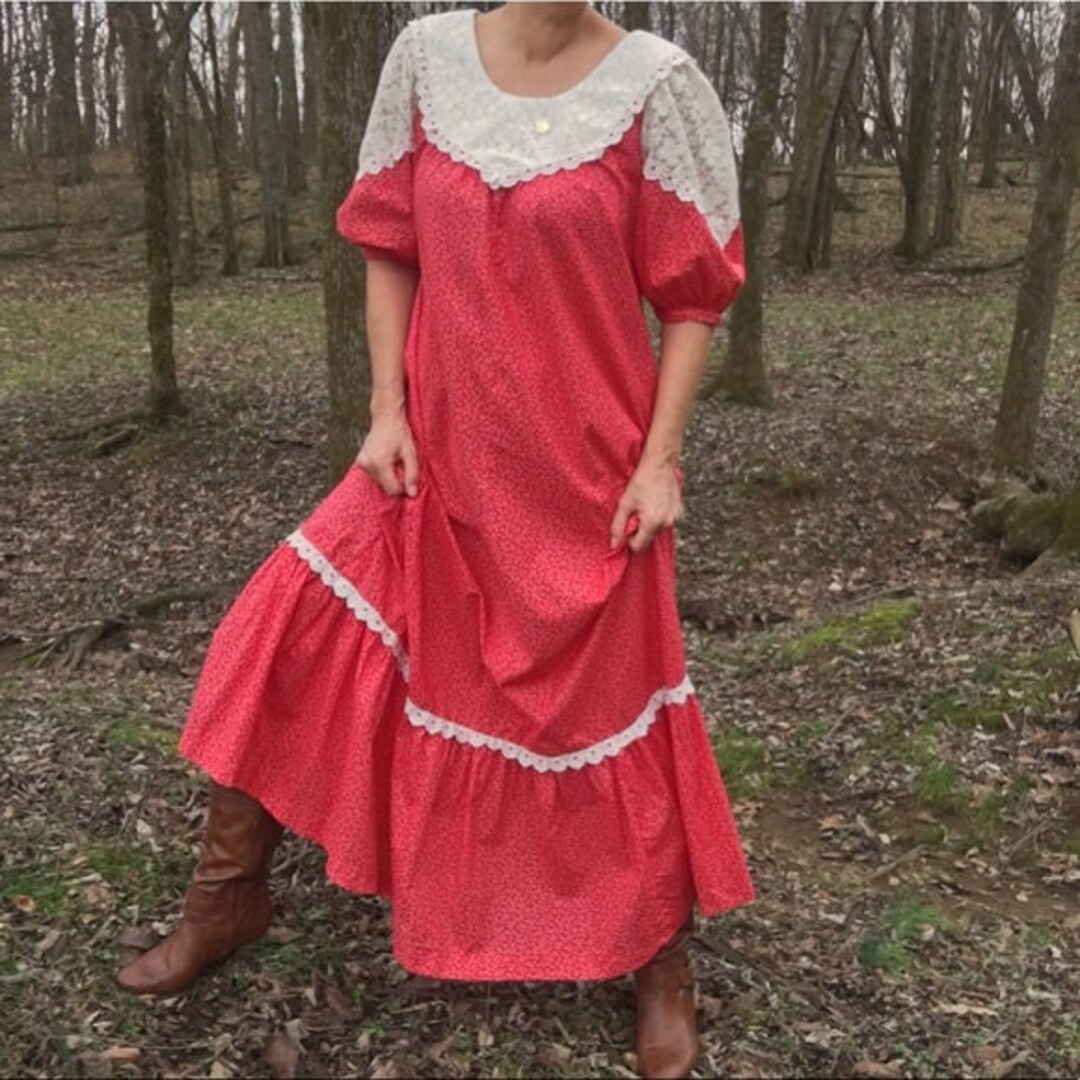 Red Calico Cotton Cottagecore Long Gunne Sax Dress Peasant Prairie ...