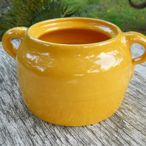 May include: A yellow ceramic pot with two handles. The pot is glazed and has a shiny finish.