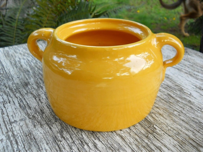 Los Angeles Bright Crayon French Country Yellow Bauer Plain Ware Country Bean Pot Bowl Vintage 1930s Antique Primitive Stoneware Pottery image 1