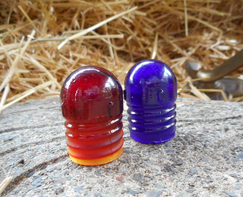 Beautiful Rare Tiny 1 Inch Amber Red Glass /& Cobalt Blue Glass Miniature Insulator Cap Scarce Hardware Salvage Vintage French Farmhouse