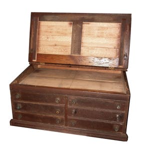 Antique Rustic Oak Spool Cabinet 1880s Primitive Map Cubbyhole General Store Counter Top Desk File - 6 Drawer Map Storage Box
