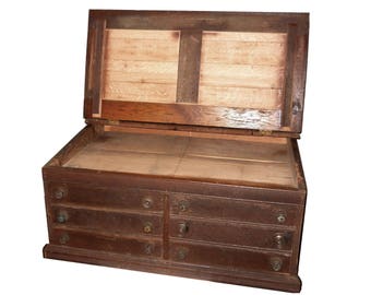 Antique Rustic Oak Spool Cabinet 1880s Primitive Map Cubbyhole General Store Counter Top Desk File - 6 Drawer Map Storage Box
